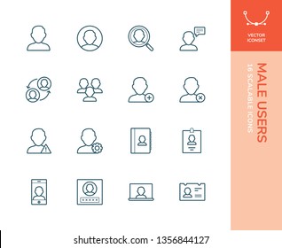 Set of vector line icons covering male user issues (profile, users groups, settings, addressbook, managing users etc.)