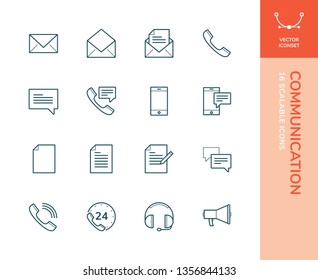 Set of vector line icons covering Communication issues (mail, phone, chat, hotline etc.)