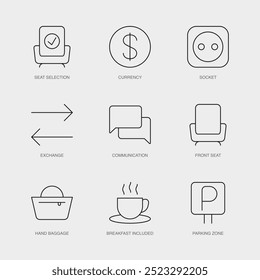 Set of Vector Line Icons for Currency, Socket, Exchange and more. Editable collection of 9 Airline Outline Icons.