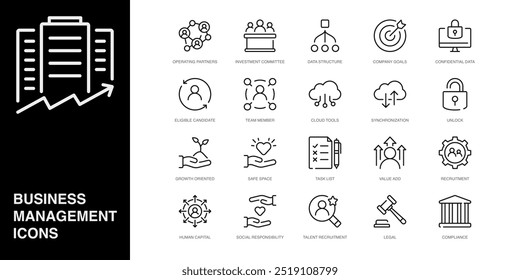 Set of Vector Line Icons for Data Structure, Company Goals, Confidential Data and more. Collection of 20 Business Management App Outline Icons.