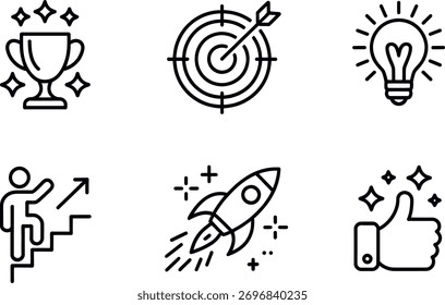 A set of vector line icons depicting business startup and success. The icons include a trophy, target, lightbulb, and a rocket. Isolated on white background.