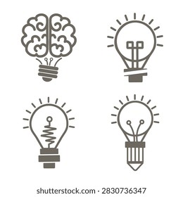 A set of vector line icons depicting light bulbs that symbolize creativity, intelligence, and idea generation. The illustration includes a light bulb shaped like a human brain, a bulb with a pencil-shaped base, and variations featuring unique filament designs