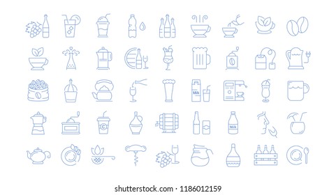 Set vector line icons drinks and alcohol tea, beer, coffee, wine, water, milk and champagne in flat design with elements for mobile concepts and web. Collection modern infographic logo and pictogram.