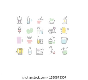Set vector line icons drinks and alcohol tea, beer, coffee, wine, water, milk and champagne in flat design with elements for mobile concepts and web. Collection modern infographic logo and pictogram.
