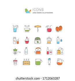 Set vector line icons drinks and alcohol tea, beer, coffee, wine, water, milk and champagne in flat design with elements for mobile concepts and web. Collection modern infographic logo and pictogram.