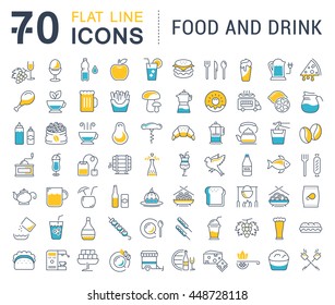 Set vector line icons drinks, meal and fast food in flat design with elements for mobile concepts and web. Collection modern infographic logo and pictogram.