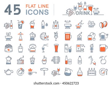 Set Vector Line Icons Drinks And Alcohol: Tea, Beer, Coffee, Wine, Water, Milk And Champagne In Flat Design With Elements For Mobile Concepts And Web. Collection Modern Infographic Logo And Pictogram.