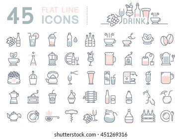 Set Vector Line Icons Drinks And Alcohol: Tea, Beer, Coffee, Wine, Water, Milk And Champagne In Flat Design With Elements For Mobile Concepts And Web. Collection Modern Infographic Logo And Pictogram.