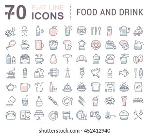 Set vector line icons drinks, meal and fast food in flat design with elements for mobile concepts and web. Collection modern infographic logo and pictogram.