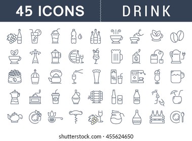 Set vector line icons drinks and alcohol: tea, beer, coffee, wine, water, milk and champagne in flat design with elements for mobile concepts and web. Collection modern infographic logo and pictogram.