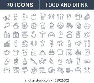 Definir ícones de linha vetorial bebidas, refeição e fast food em design plano com elementos para conceitos móveis e web. Coleção moderna logotipo infográfico e pictograma.