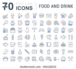 Set vector line icons drinks, meal and fast food in flat design with elements for mobile concepts and web. Collection modern infographic logo and pictogram.