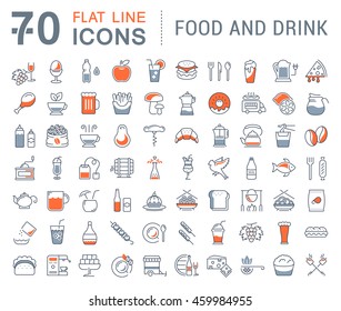 Set vector line icons drinks, meal and fast food in flat design with elements for mobile concepts and web. Collection modern infographic logo and pictogram.