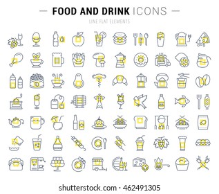 Set vector line icons drinks, meal and fast food in flat design with elements for mobile concepts and web. Collection modern infographic logo and pictogram.