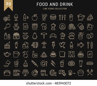 Set vector line icons drinks, meal and fast food in flat design with elements for mobile concepts and web. Collection modern infographic logo and pictogram.