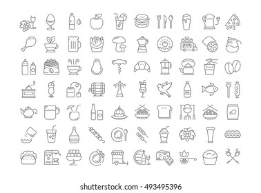 Set vector line icons drinks, meal and fast food in flat design with elements for mobile concepts and web. Collection modern infographic logo and pictogram.