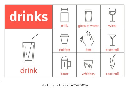 Set of vector line icons of drinks