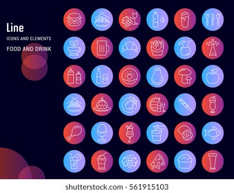 Set vector line icons drinks, meal and fast food in flat design with elements for mobile concepts and web. Collection modern infographic logo and pictogram.