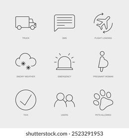 Set of Vector Line Icons for Emergency, Pregnant Woman, Tick and more. Editable collection of 9 Airline Outline Icons.