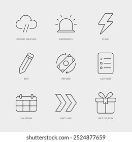 Set of Vector Line Icons for Emergency, Flash, Edit and more. Editable collection of 9 Airline Outline Icons.