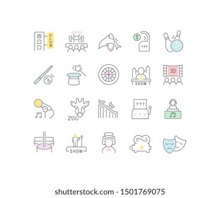 Set of vector line icons of entertainment business for modern concepts, web and apps.