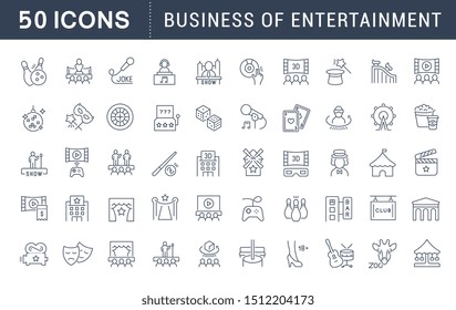 Set of vector line icons of entertainment business for modern concepts, web and apps.