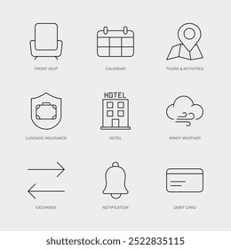 Conjunto de ícones de linha vetorial para troca, notificação, cartão de débito e muito mais. Coleção editável de 9 ícones de contorno de linha aérea.