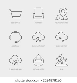 Set of Vector Line Icons for Explore Cities, Gym, Go Shopping and more. Editable collection of 9 Airline Outline Icons.