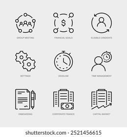 Conjunto de iconos de línea de Vector para objetivos financieros, candidato elegible, Configuraciones y más. Colección de 9 iconos de esquema de App de gestión empresarial.