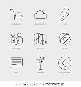 Set of Vector Line Icons for Flash, Travel Buddy, Map View and more. Editable collection of 9 Airline Outline Icons.