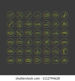 Set vector line icons in flat design transport in dark background. 42 icons.