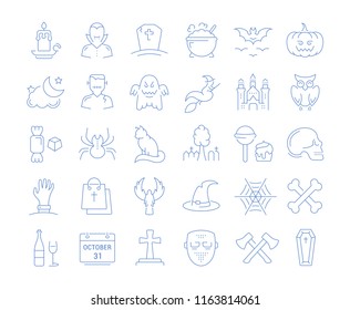 Set vector line icons in flat design Halloween party, zombie, vampire and cat. Elements to design sites, banners, business cards, games mobile applications. Collection infographic logo and pictogram.