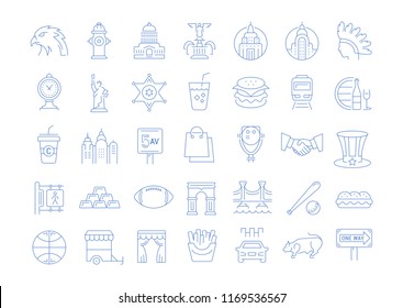 Set vector line icons in flat design USA, New York and America with elements for mobile concepts and web apps. Collection modern infographic logo and pictogram.