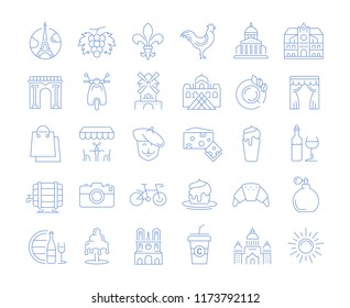 Set vector line icons in flat design France, Paris and Europe with elements for mobile concepts and web apps. Collection modern infographic logo and pictogram.