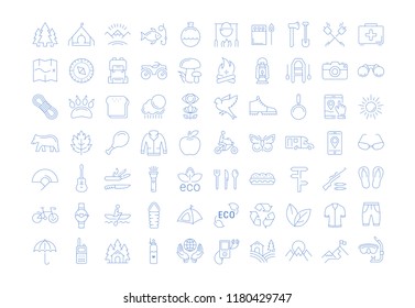 Set vector line icons in flat design camping, eco and ecotourism with elements for mobile concepts and web apps. Collection modern infographic logo and pictogram.