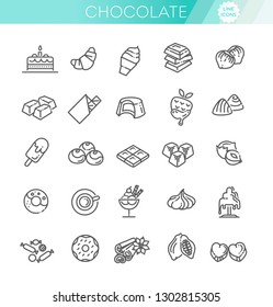 Set vector line icons in flat design chocolate, dessert, cacao and candy