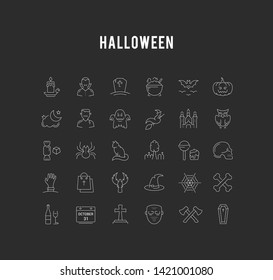 Set vector line icons in flat design Halloween party, zombie, vampire and cat. Elements to design sites, banners, business cards, games mobile applications. Collection infographic logo and pictogram.