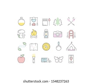 Set vector line icons in flat design camping, eco and ecotourism with elements for mobile concepts and web apps. Collection modern infographic logo and pictogram.