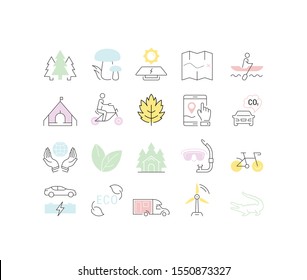Set vector line icons in flat design eco, ecotourism and recycle with elements for mobile concepts and web apps. Collection modern infographic logo and pictogram.