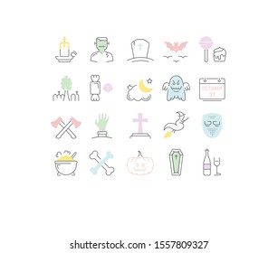 Set vector line icons in flat design Halloween party, zombie, vampire and cat. Elements to design sites, banners, business cards, games mobile applications. Collection infographic logo and pictogram.