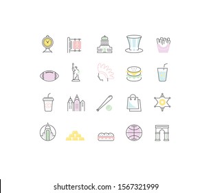 Set vector line icons in flat design USA, New York and America with elements for mobile concepts and web apps. Collection modern infographic logo and pictogram.