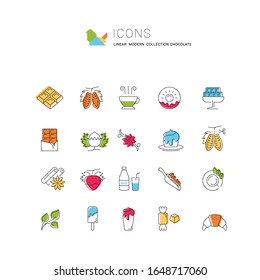 Set vector line icons in flat design chocolate, dessert, cacao and candy with elements for mobile concepts and web apps. Collection modern infographic logo and pictogram.