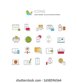 Set vector line icons in flat design online banking, payment and online shopping with elements for mobile concepts and web apps. Collection modern infographic logo and pictogram.