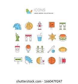 Set vector line icons in flat design USA, New York and America with elements for mobile concepts and web apps. Collection modern infographic logo and pictogram.