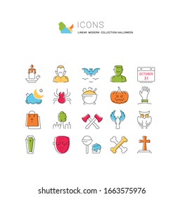Set vector line icons in flat design Halloween party, zombie, vampire and cat. Elements to design sites, banners, business cards, games mobile applications. Collection infographic logo and pictogram.