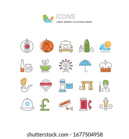 Set vector line icons in flat design London and England with elements for mobile concepts and web apps. Collection modern infographic logo and pictogram.