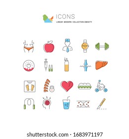 Set vector line icons in flat design obesity, junk food and health with elements for mobile concepts and web apps. Collection modern infographic logo and pictogram.
