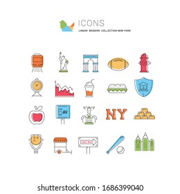 Set vector line icons in flat design New York and USA with elements for mobile concepts and web apps. Collection modern infographic logo and pictogram.