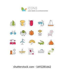 Set vector line icons in flat design eco, ecotourism and recycle with elements for mobile concepts and web apps. Collection modern infographic logo and pictogram.