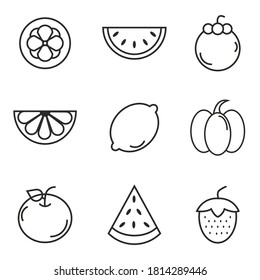 Establezca iconos de línea vectorial en Fruta de diseño plano con elementos para conceptos móviles y aplicaciones web, aislados en fondo blanco. Ilustración vectorial